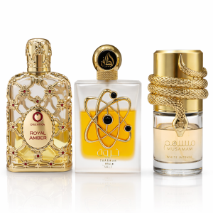 COMBO DE DECANTS: ROYAL AMBER + THARWAH GOLD + MUSAMAM WHITE INTENSE 5ml e 10ml